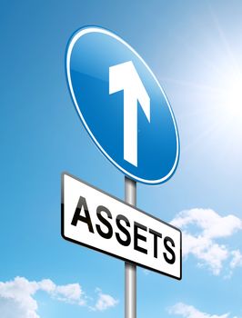 Illustration depicting a roadsign with a falling assets concept. Sunlight and sky background.