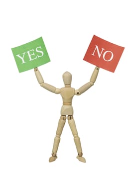 Mannequin Doll with Yes and No Signs on white background