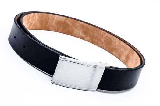 Leather black belt for men on a white background