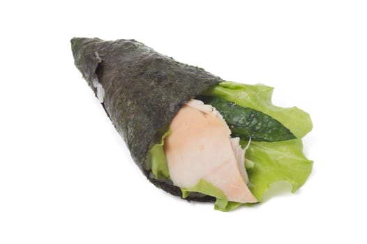 Various kinds of sushi and sashimi. Isolated.
