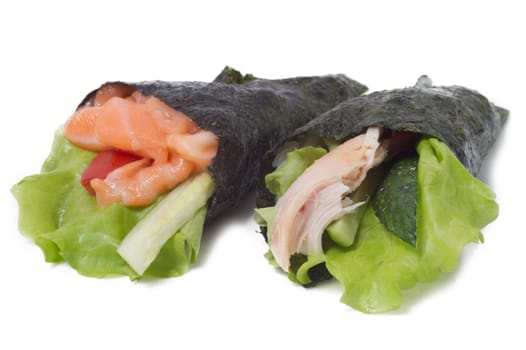Various kinds of sushi and sashimi. Isolated.