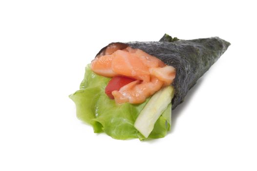 Various kinds of sushi and sashimi. Isolated.