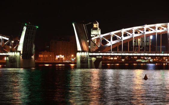 drawbridge at night, St. Petersburg   the Neva River, Peter the Great Bridge