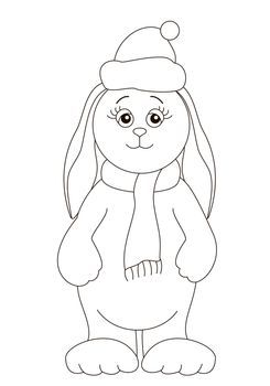 Rabbit in a scarf and a cap of Santa Claus, contours