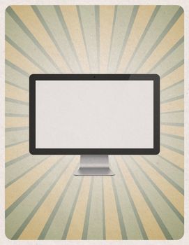 Retro style poster or vintage advertisement with modern blank computer monitor on grunge paper background.