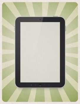 Retro style poster or vintage advertisement with modern blank digital tablet and sunbeam stripes on grunge paper background