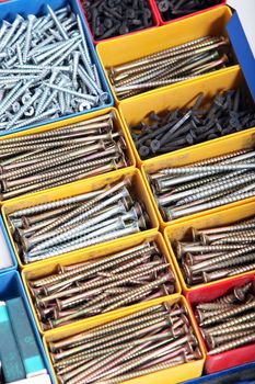 Toolbox with segregated new metal long bolts, screws in different sizes and types