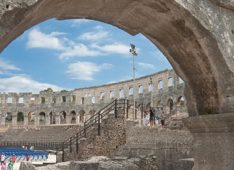  Tourists near the Roman amphitheater in Pula, Croatia