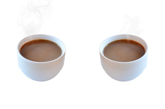 two hot coffee in a white cup on white background