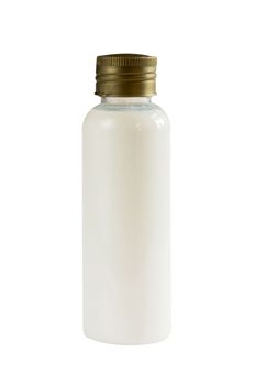 photo of white bottles of cosmetic products on white background