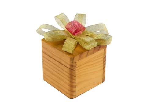 wooden box gife with golden bow on white background