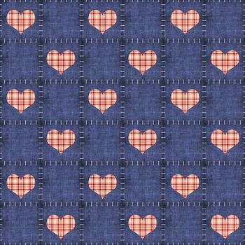 Patched denim with red plaid hearts tile seamlessly