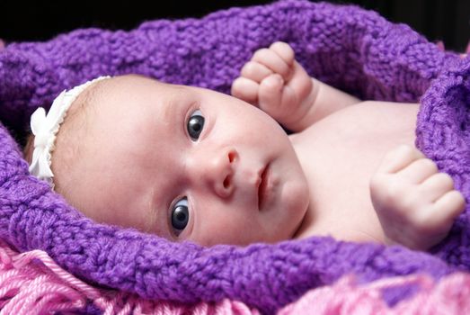 A one month old new born rests happily in her blanket.