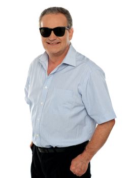 Stylish portrait of casual aged male model posing against white background