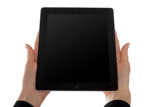 Female hands showing touch screen device, closeup portrait