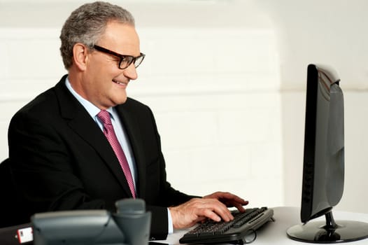 Cheerful aged man working on computer looking at lcd screen