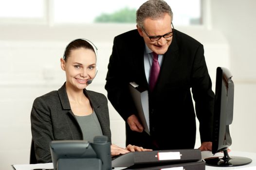 Team of two business executives working in office in front of computer