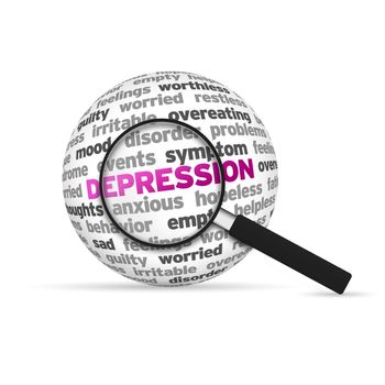 Depression 3d word Sphere with magnifying glass on white background.