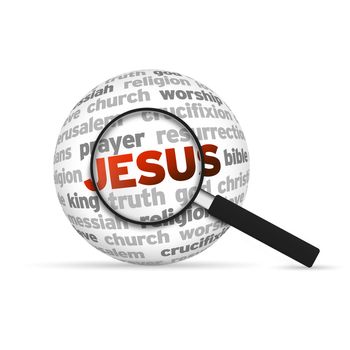 Jesus 3d Word Sphere with magnifying glass on white background.