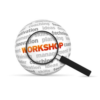 Workshop 3d Word Sphere with magnifying glass on white background.