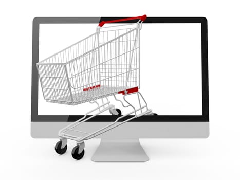 Empty shopping cart viewed from side on computer screen, isolated on white.