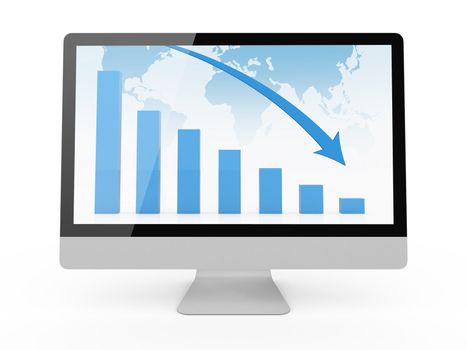 Blue recession chart with blue arrow on blue world map background on screen, isolated on white.