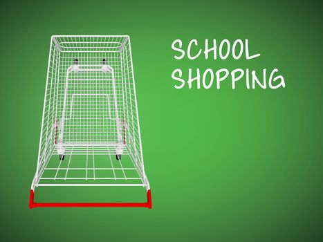 Empty shopping cart and school shopping text on green school board.