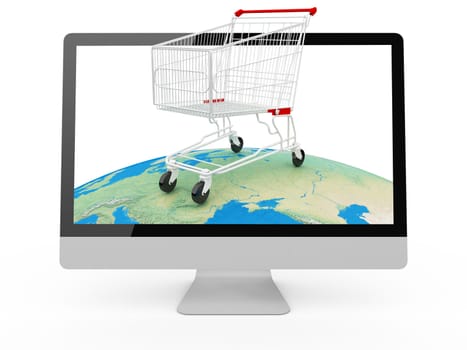 Shopping cart over the world, global market concept on computer screen, isolated on white.