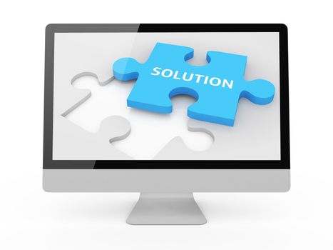 Concept of puzzle solution on screen, isolated on white.