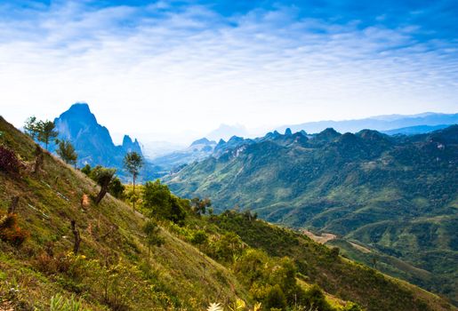 View on the mountain. Saw several mountain peaks. It is one of the suburban landscape in Laos.