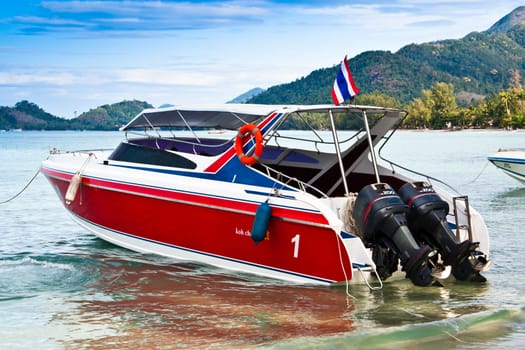 Fast boat in sea, aerial view in thailand