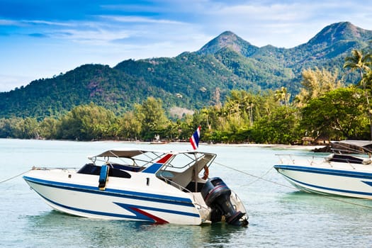 Fast boat in sea, aerial view in thailand