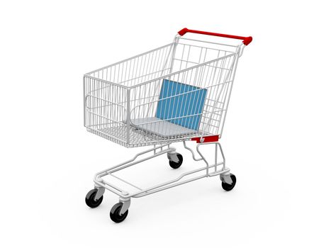 Shopping cart containing a laptop, isolated on white.