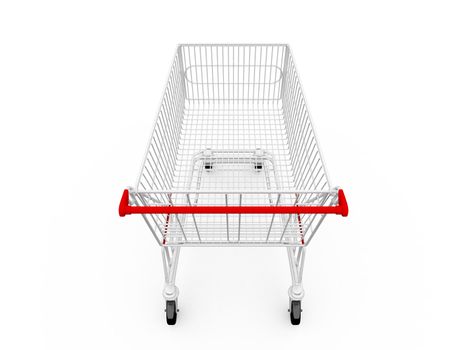 Empty shopping cart, back view, isolated on white.