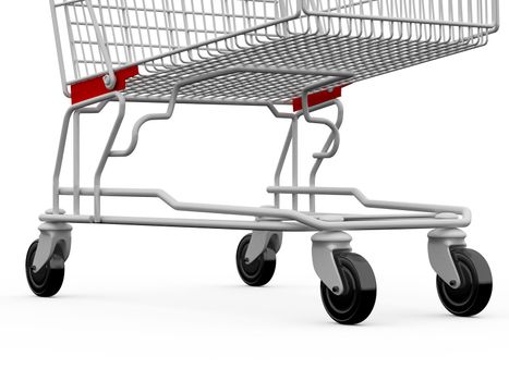 Empty shopping cart with black wheel, isolated on white.