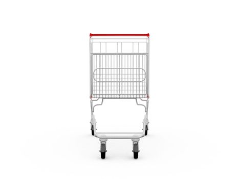 Empty shopping cart viewed from front, isolated on white.