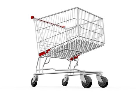 Empty shopping cart with black wheel, isolated on white.