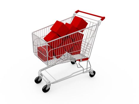 Shopping cart with red boxes, isolated on white.