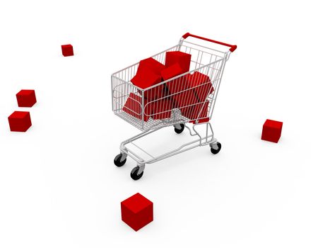 Shopping cart with red boxes, isolated on white.