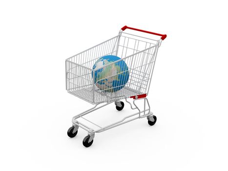 Shopping cart containing a globe, isolated on white.