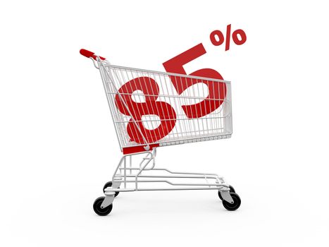 Shopping cart with 85% discount, isolated on white.
