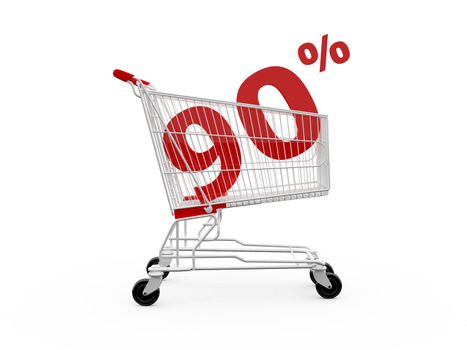Shopping cart with 90% discount, isolated on white.