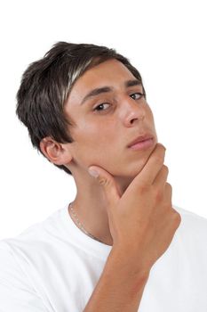 young swarthy man with  brown Thinking about something on with background