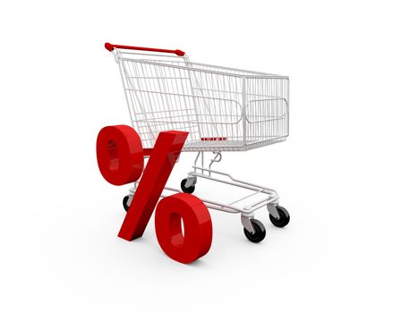 Shopping cart with percentage symbol, discount concept, isolated on white.