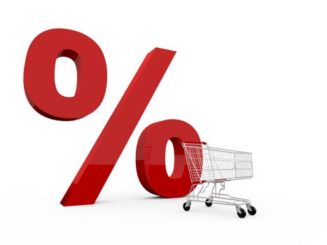 Shopping cart with large percentage symbol, discount concept, isolated on white.