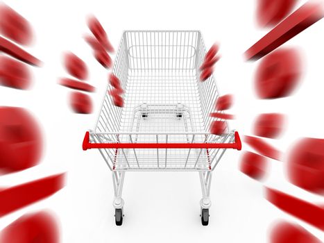 Shopping cart with percentage symbol, discount concept, isolated on white.