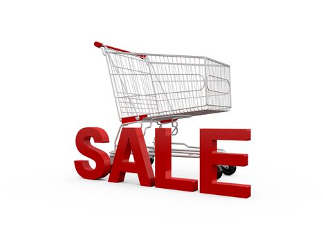 Shopping cart with sale text, isolated on white.