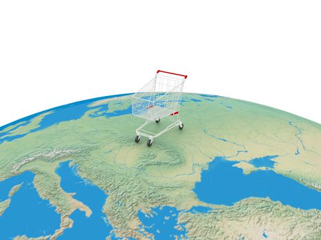 Shopping cart over the world, global market concept, isolated on white.