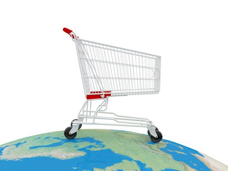 Shopping cart over the world, global market concept, isolated on white.