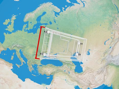 Shopping cart over the world, viewed from top.